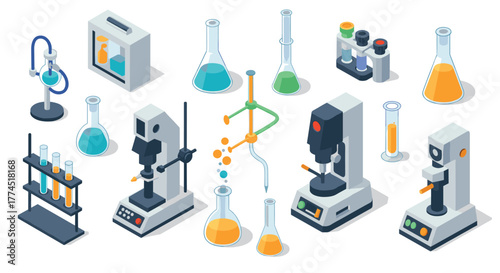 Isometric laboratory equipment and chemistry setups for science and research