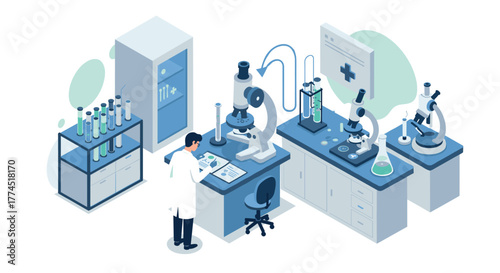 Modern laboratory interior with scientist conducting research and analyzing s…