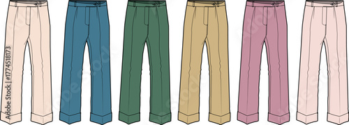 Collection of stylish pants in various colors, perfect for fashion designs and apparel concepts