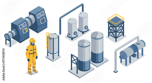 Industrial oil refinery equipment isometric design with worker in safety gear