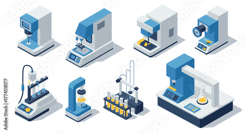 Isometric modern lab equipment set for scientific research and analysis