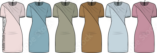 Stylish women's short-sleeve knee-length dress design template featuring elegant draping, displayed in a vibrant array of six color variations, perfect for fashion designers and apparel creation