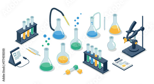 Isometric science lab equipment with glassware, test tubes, flasks, and analy…