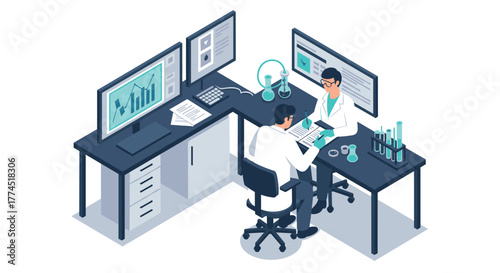 Scientists collaborating in modern laboratory with advanced technology and an…