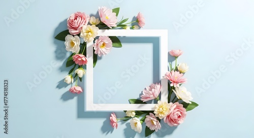 Empty white picture frame adorned with a cascade of delicate pink and yellow spring flowers on a soft blue background