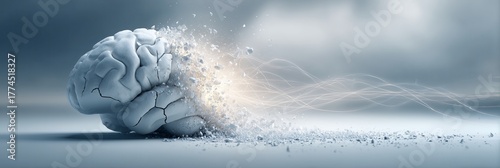A cracked brain model emits glowing energy, symbolizing mental strain or breakthrough. Innovation, stress, or the fragility of the human mind.