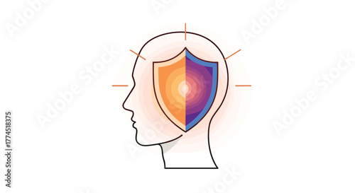 Human head profile with shield symbolizing mental protection and security, Generative AI.