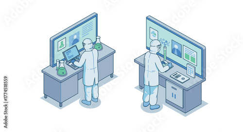 Isometric lab researchers analyzing data on digital screens