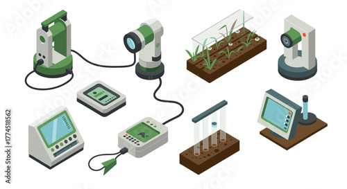 Isometric scientific equipment for agriculture and laboratory analysis