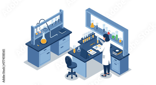 Isometric lab scene with scientist analyzing chemical samples in a modern lab…