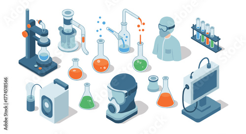 Isometric laboratory equipment set with scientist and chemical compounds