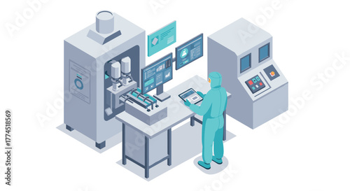 Isometric cleanroom: engineer with a tablet operating high-tech control panel…
