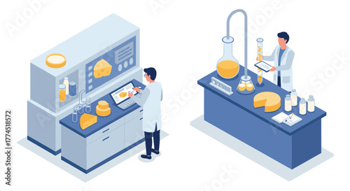 Isometric cheese production: scientists in modern dairy lab testing and analy…