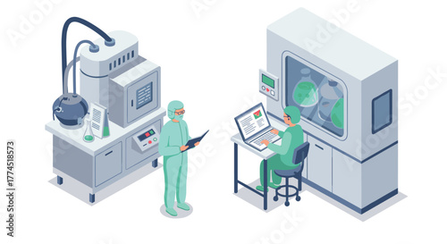 Scientists in laboratory setting with advanced technology and data analysis