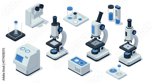 Isometric laboratory equipment set with microscopes and scientific tools