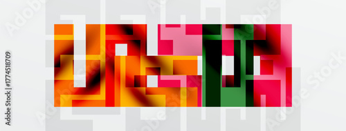 Abstract colorful rectangles form mosaic pattern. Warm tones dominate, creating vibrant visual texture. Grid background enhances geometric design.