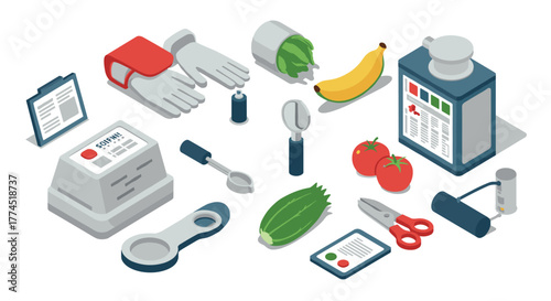 Isometric kitchen tools and ingredients collection for cooking and baking