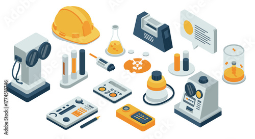 Isometric science lab equipment set with laboratory tools and safety gear