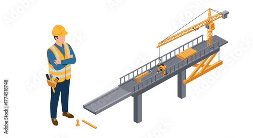 Isometric construction scene with engineer and bridge crane