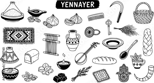 Yennayer Amazigh New Year Doodle Set: Traditional Berber Culture  Celebration Elements