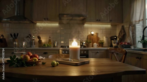 Cozy Kitchen Atmosphere With Candlelight and Fresh Apples at Evening Time