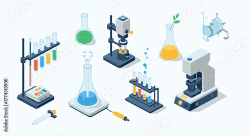 Isometric laboratory equipment and chemistry icons for scientific designs