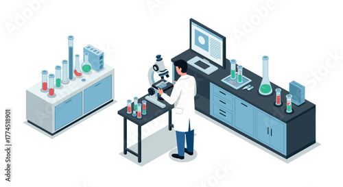 Scientist in modern laboratory setting with equipment analyzing samples
