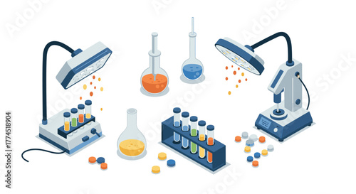 Isometric laboratory equipment with flasks and test tubes in a scientific set…