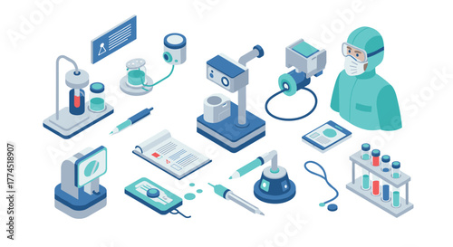 Isometric medical laboratory equipment and scientist in a clinical setting