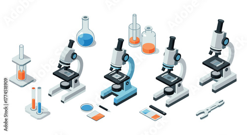 Isometric lab equipment with microscopes and glassware in scientific setting