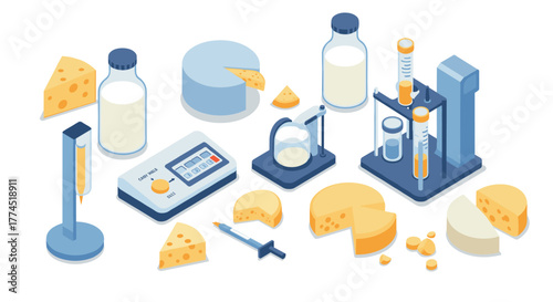Isometric dairy laboratory equipment and cheese variety on white background