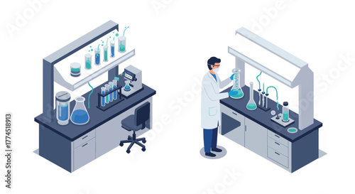 Modern laboratory setup with scientist conducting experiments in isometric style