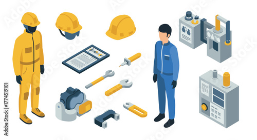 Industrial safety and equipment isometric set with worker and tools