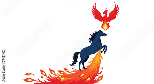 Majestic Blue Horse Rises from Flames with Phoenix Overhead, Generative AI.