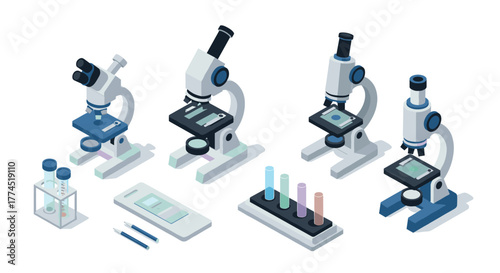 Isometric microscopes and laboratory equipment on white background