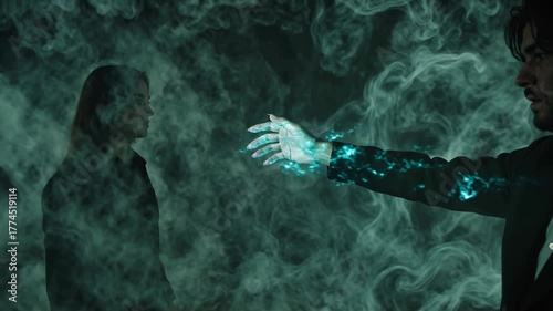Mysterious Encounter With Glowing Hands in a Smoky Atmosphere