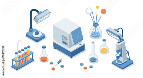 Isometric laboratory equipment with devices, flasks, and test tubes for scien…