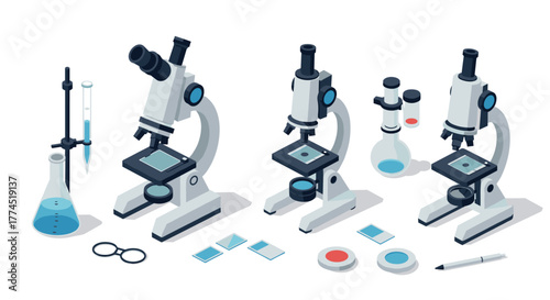 Isometric microscopes and lab equipment on white background for science and r…