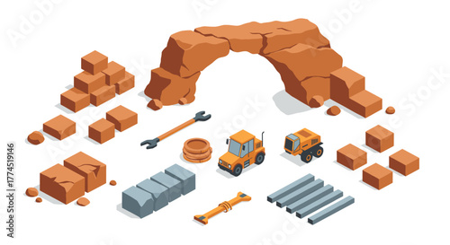 Isometric construction set with bridge and equipment on white background