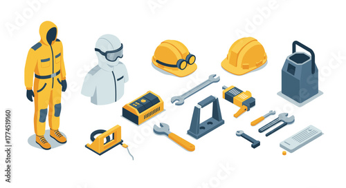 Isometric construction equipment and safety gear collection for industrial pr…