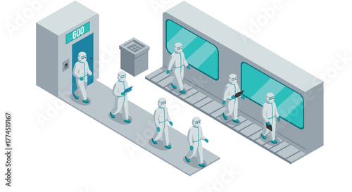 Scientists in isometric laboratory cleanroom practicing safety procedures