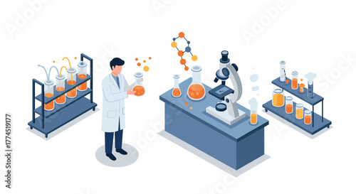 Science laboratory isometric design featuring researchers and chemistry equip…