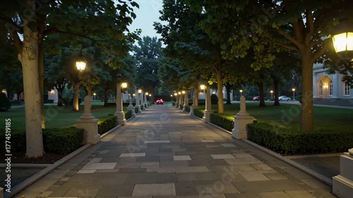 Evening Stroll Through a Beautifully Lit Park With Trees and Elegant Lamps