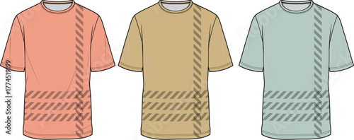 Set of men's t-shirt fashion flat sketches with graphic print design. Vector technical drawing apparel template collection for clothing production