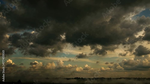 Dramatic Sunset Clouds Over a Serene Landscape at Dusk
