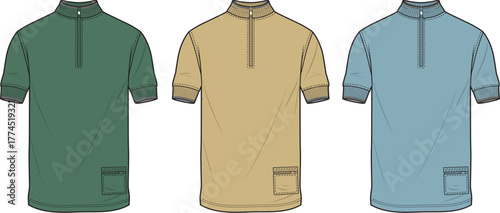 T-shirt design variations A trio of stylish polo shirts in green, tan, and blue, perfect for fashion concepts