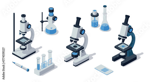 Isometric science lab equipment including microscopes and beakers