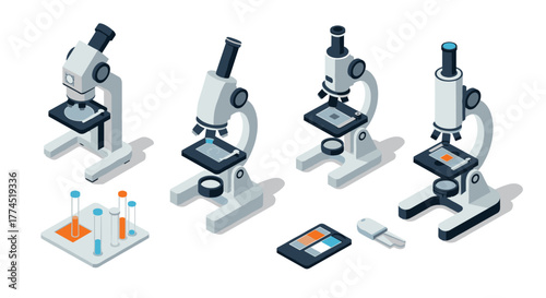 Isometric microscopes with diagram and tools on white background