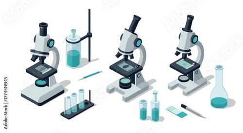 Isometric microscopes and laboratory equipment with scientific tools in white…