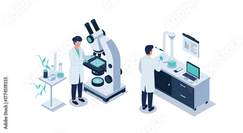 Isometric laboratory scene with scientists conducting microscope and experime…
